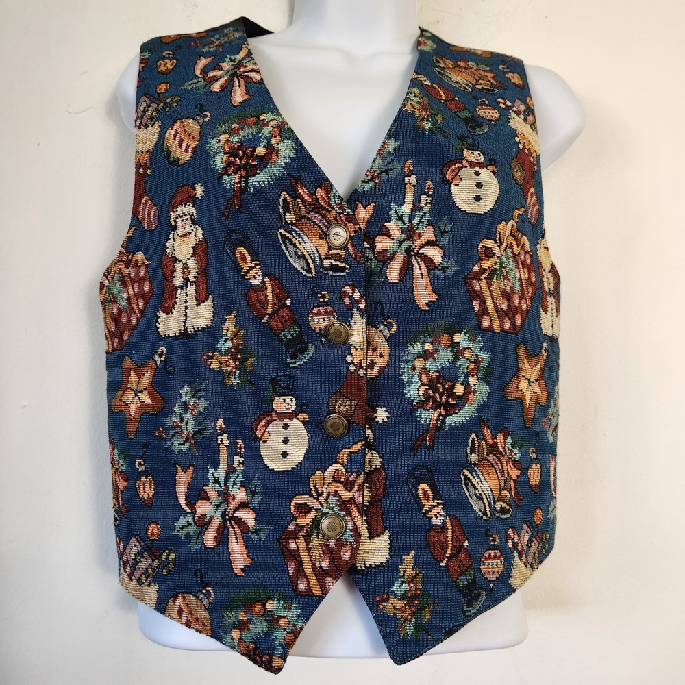 Vintage 90s Clio Christmas Tapestry Vest PS Santa Snowman Nutcracker Grandmacore